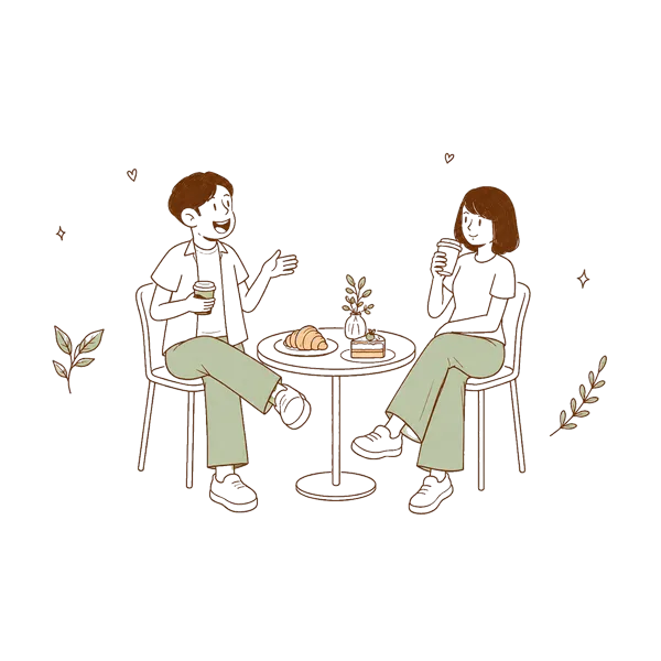 Ilustrasi dua orang mengobrol sambil menikmati kopi di 9am Cafe